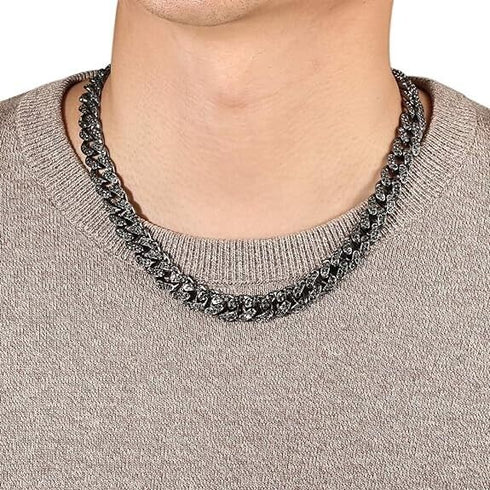 2Pcs Men Iced Out Gun Black Rhodium Plated CZ Cuban Link 55CM Necklace & Bracelet Set